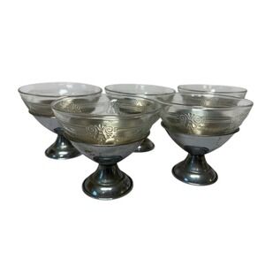 5 VTG Macbeth Evans Etched Glass Chrome Holder Ice Cream‎ Sherbet Dessert Cups